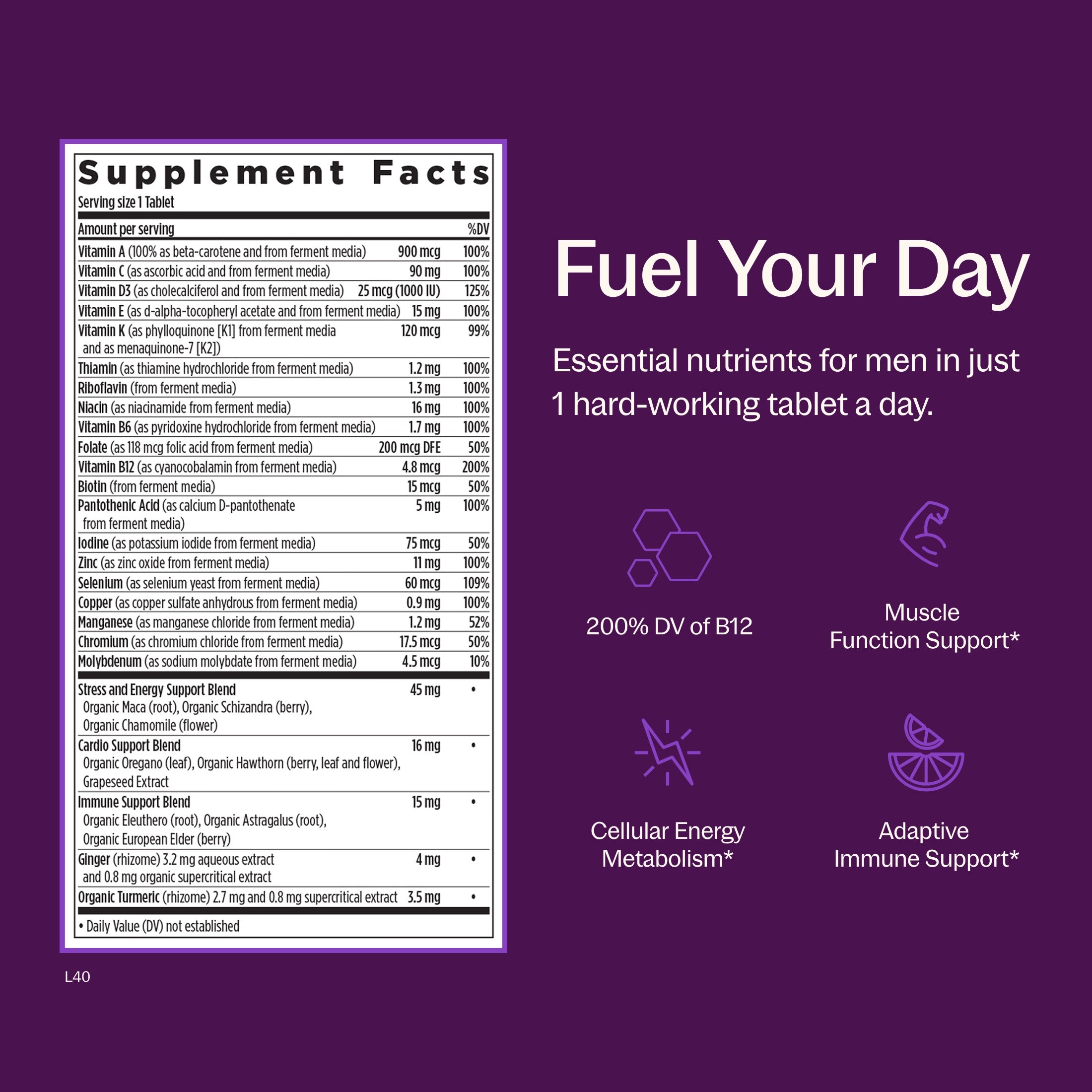 Fuel Your Day, Essential nutrients for men in just 1 hard-working tablet a day. 200% DV of B12, Muscle function Support*, Cellular Energy Metabolism*, Adaptive immune Support*, Supplement Facts Panel