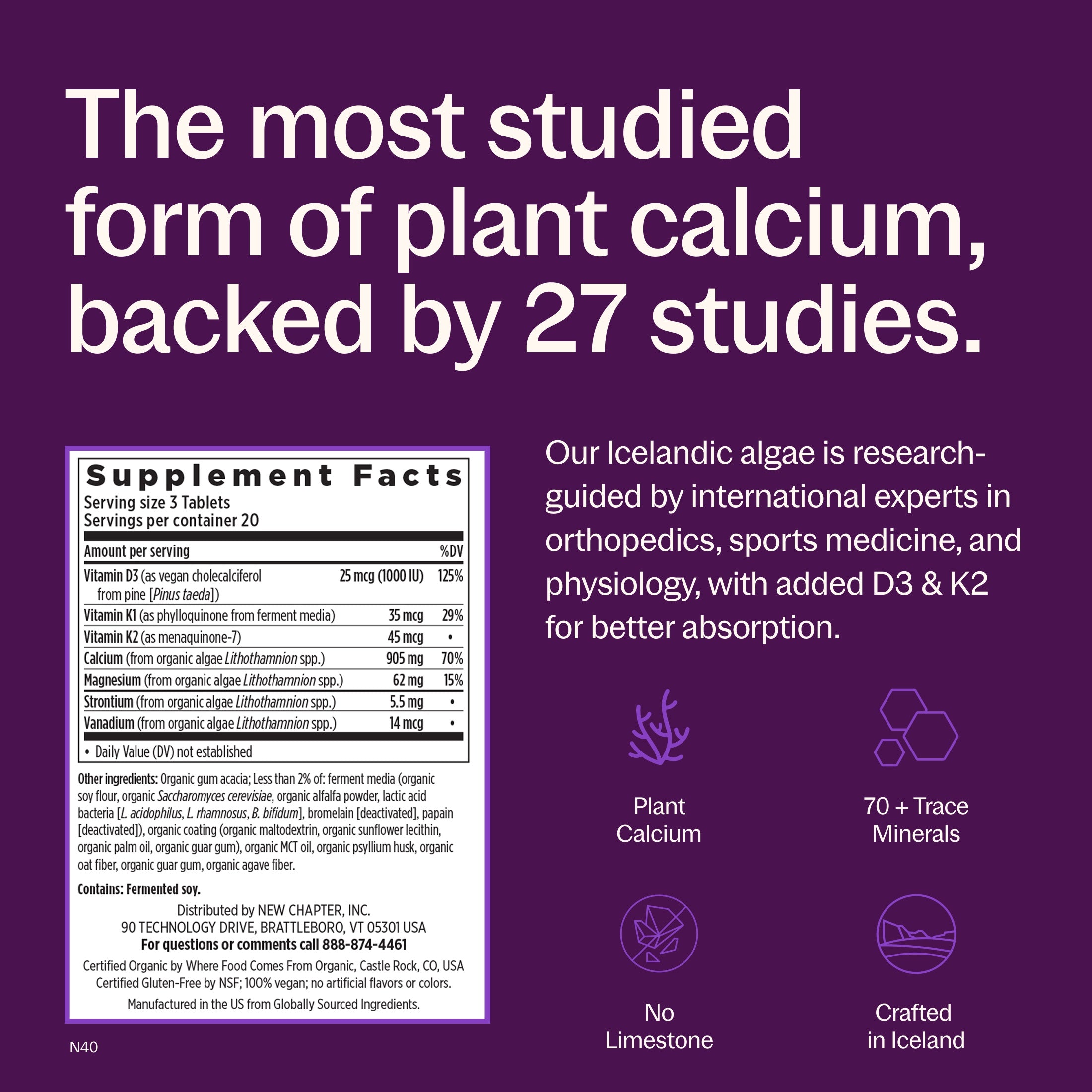 The most studied form of plant calcium, backed by 27 studies, Plant Calcium, 70+ Trace Minerals, No Limestone, Crafted in Iceland, Supplement Facts