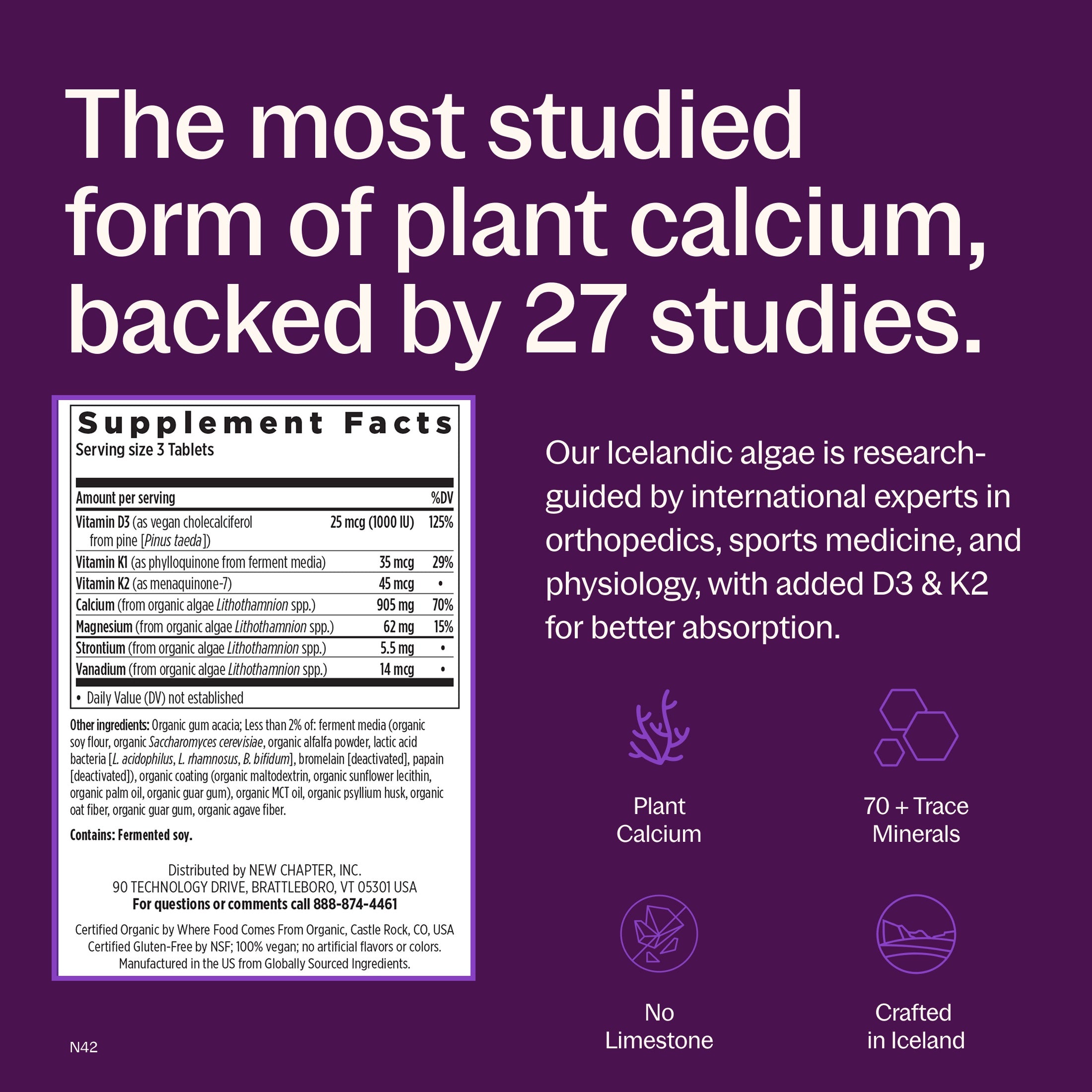 The most studied form of plant calcium, backed by 27 studies, Plant Calcium, 70+ Trace Minerals, No Limestone, Crafted in Iceland, Supplement Facts