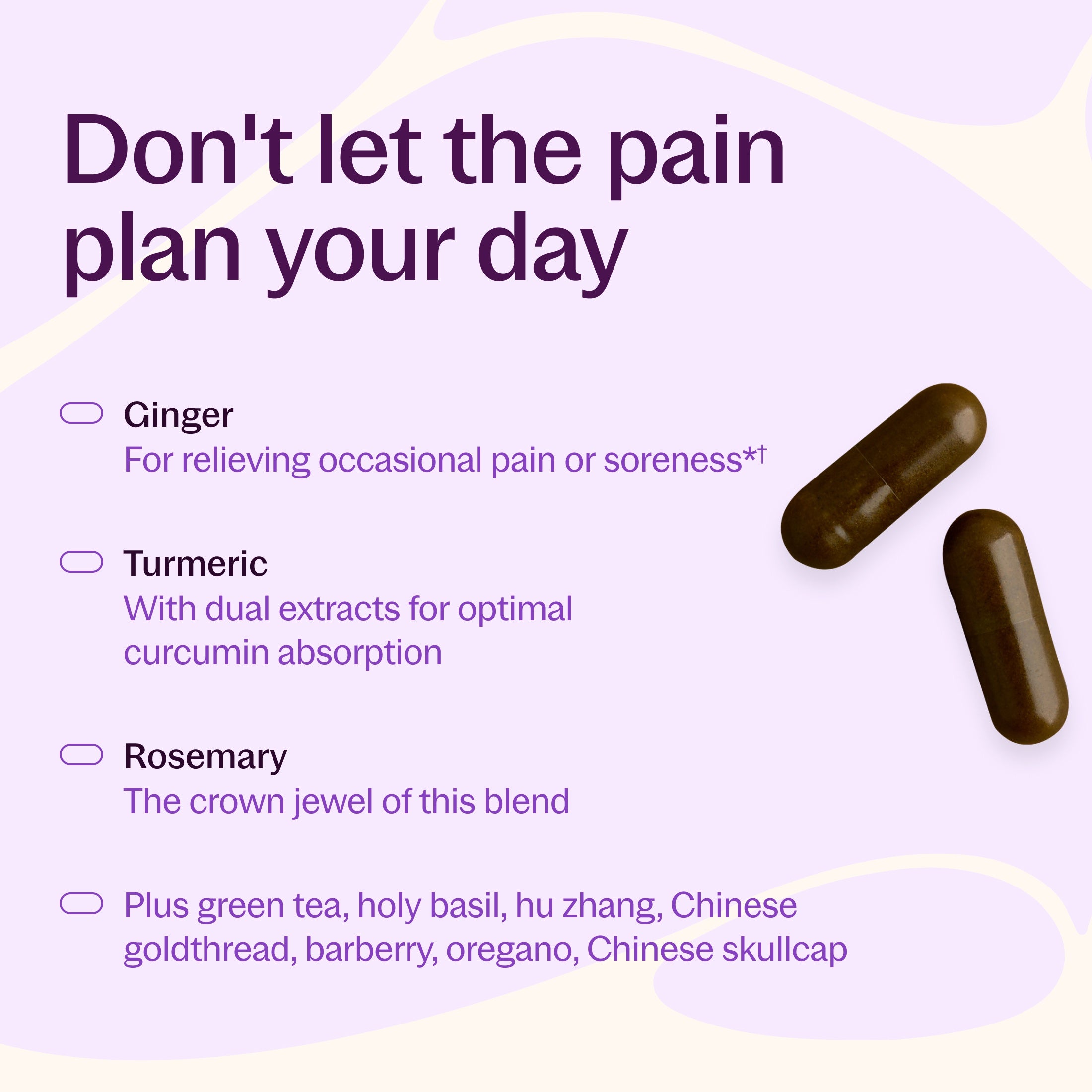 Don't let the pain plan your day, Ginger, Turmeric, Rosemary, Plus green tea, holy basil, hu zhang, Chinse goldthread, barberry, oregano, Chinese skullcap