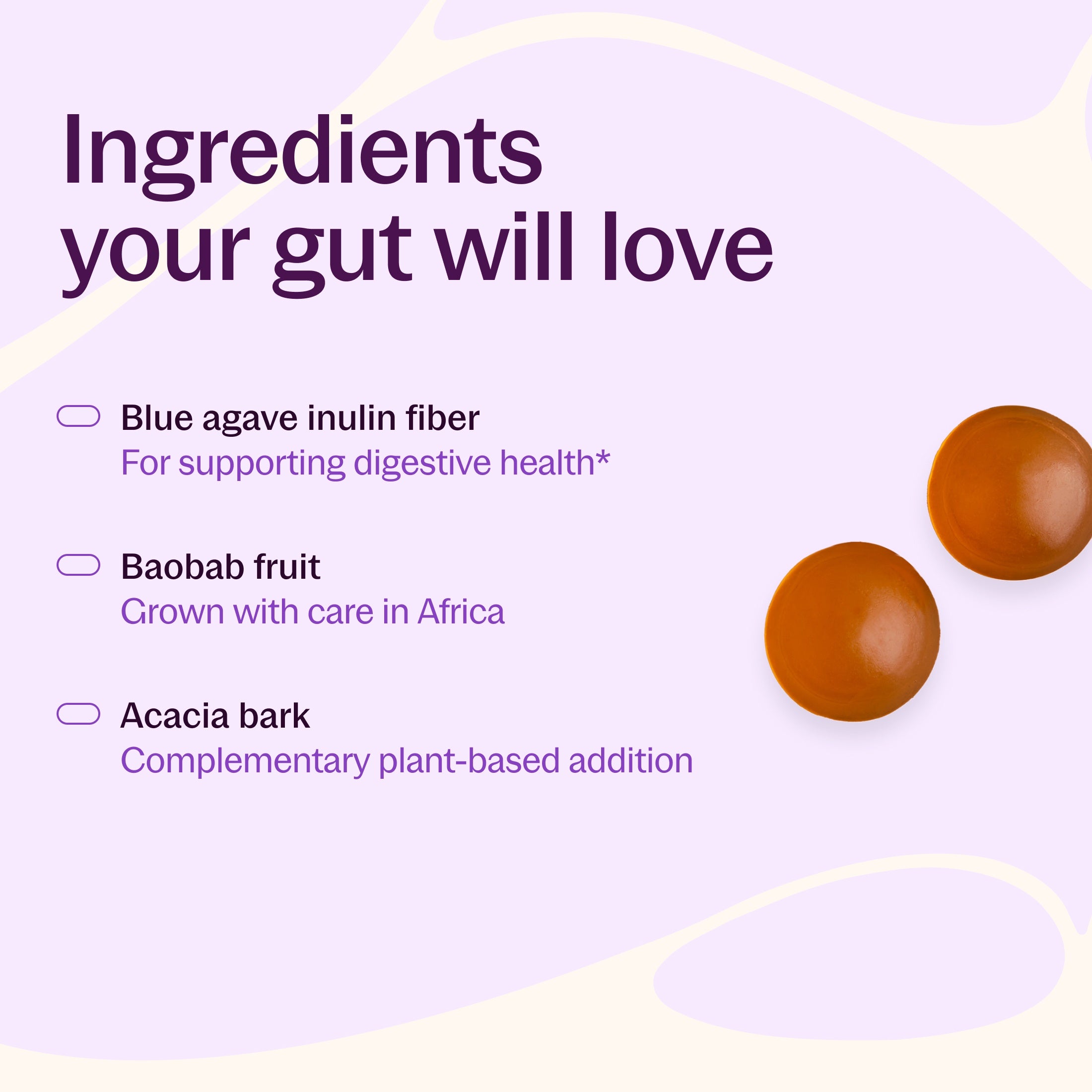 Ingredients your gut will love, Blue agave inulin fiber, Baobab fruit, Acacia bark