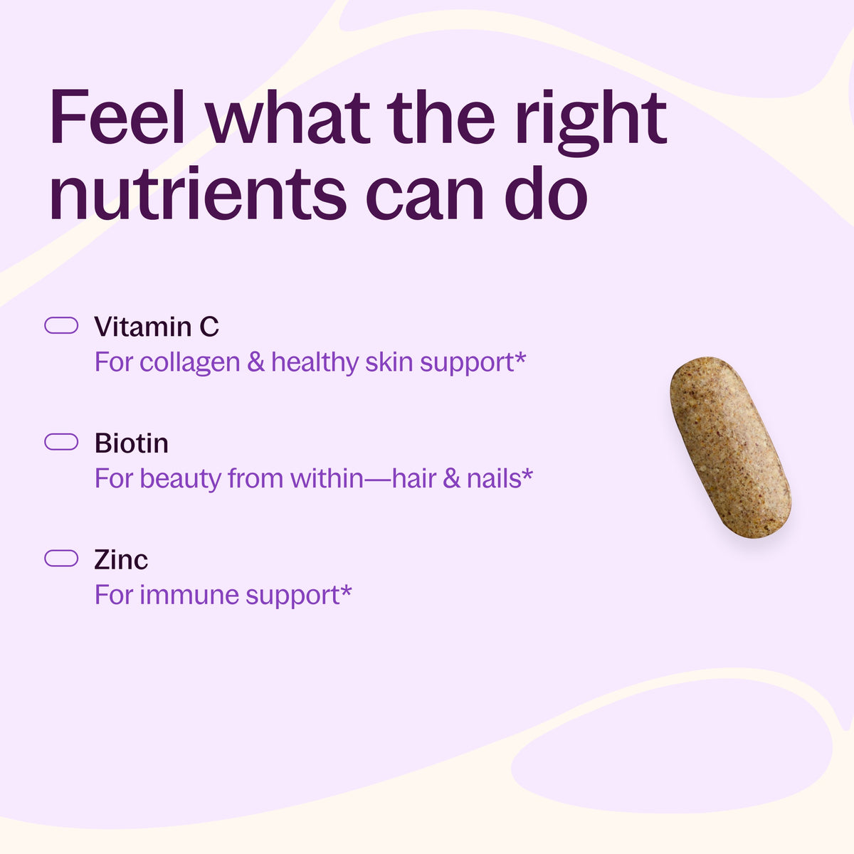 Feel what the nutrients can do , Vitamin C For collagen & Healthy Skin Support*, Biotin For Beauty from within-Hair & Nails*, Zinc For immune Support