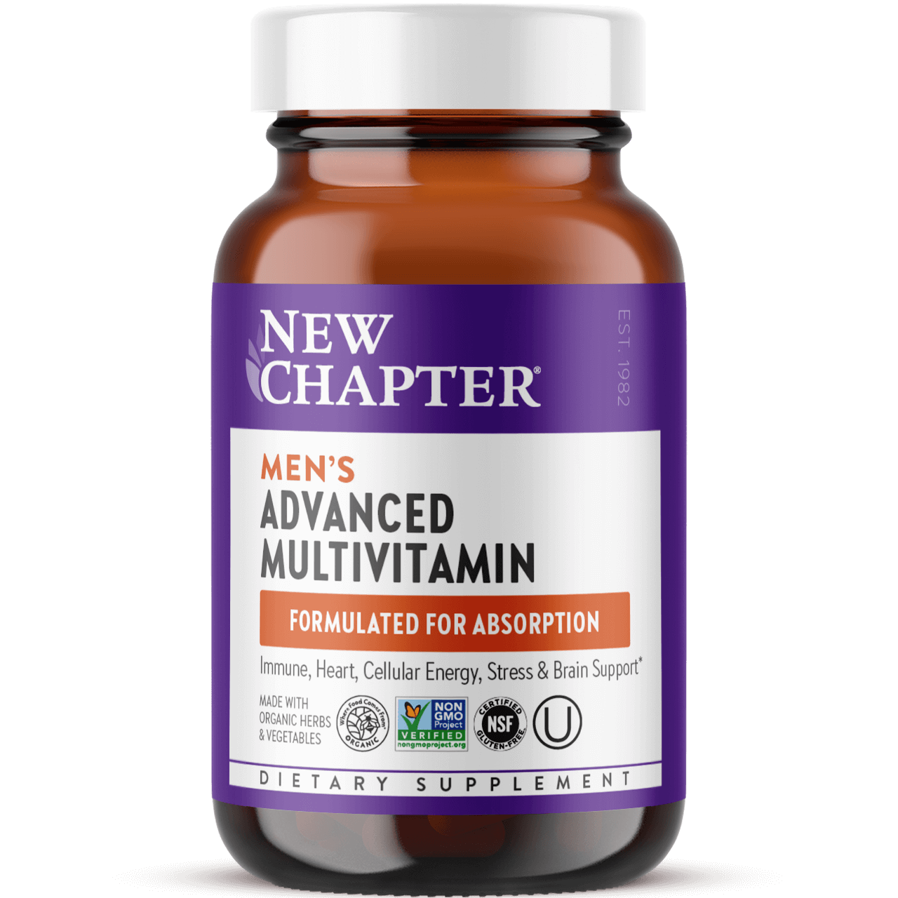A bottle of New Chapter Men's Advanced Multivitamin dietary supplement formulated for absorption with immune, heart, energy, stress, and brain support.