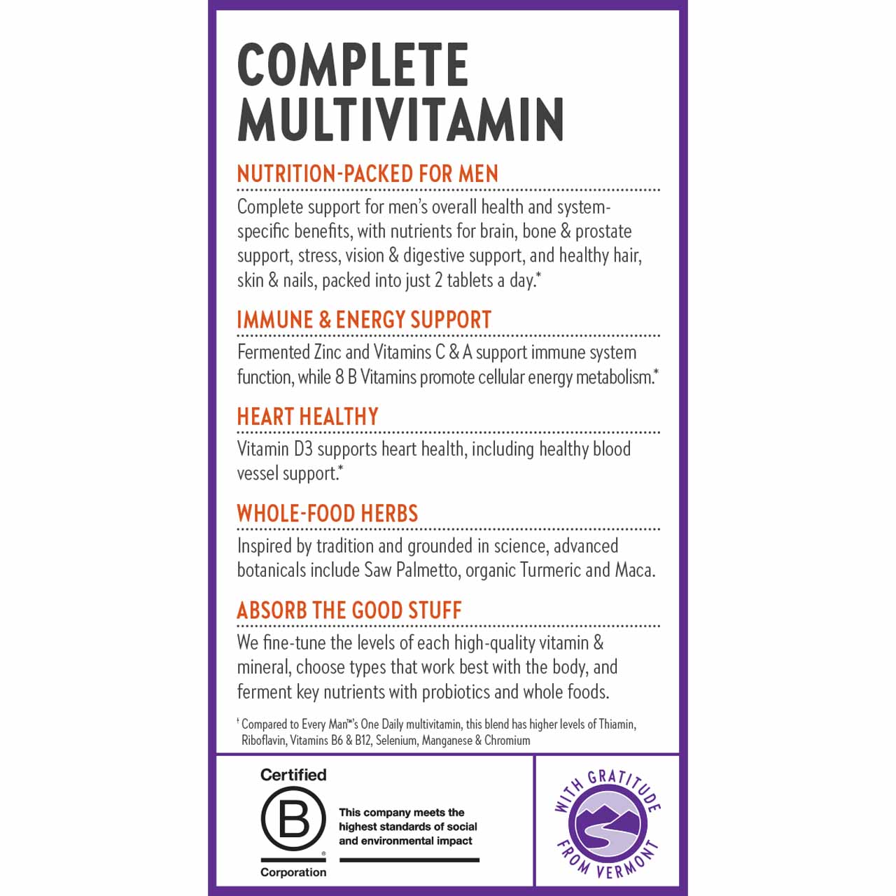 Complete Multivitamin, Nutrition-Packed for Men, Immune & Energy Support, Heart Healthy, Whole-Food Herbs, Absorb the Good Stuff