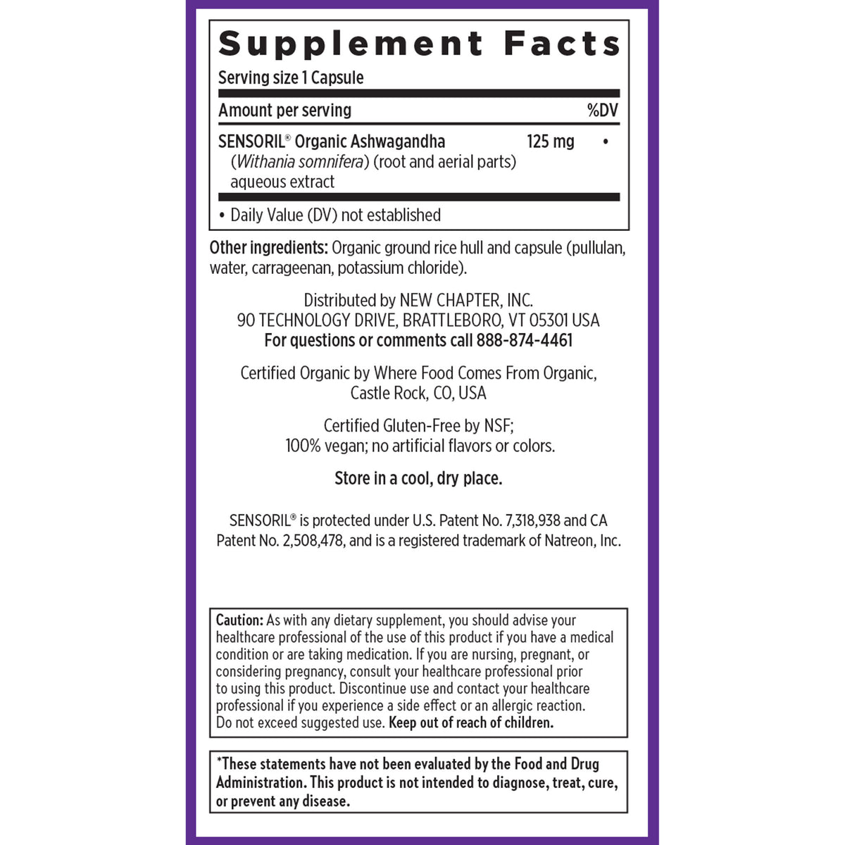 New Chapter Ashwagandha Force Supplement Facts Panel