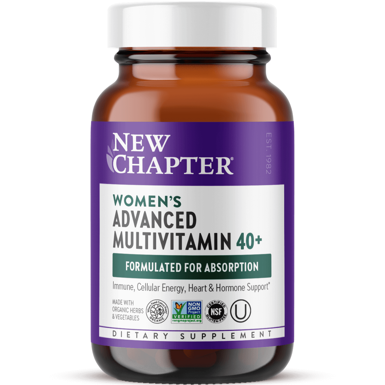 A bottle of New Chapter Women's Advanced Multivitamin 40+ dietary indicating it is formulated for absorption and supports immune, cellular energy, heart & hormone support.