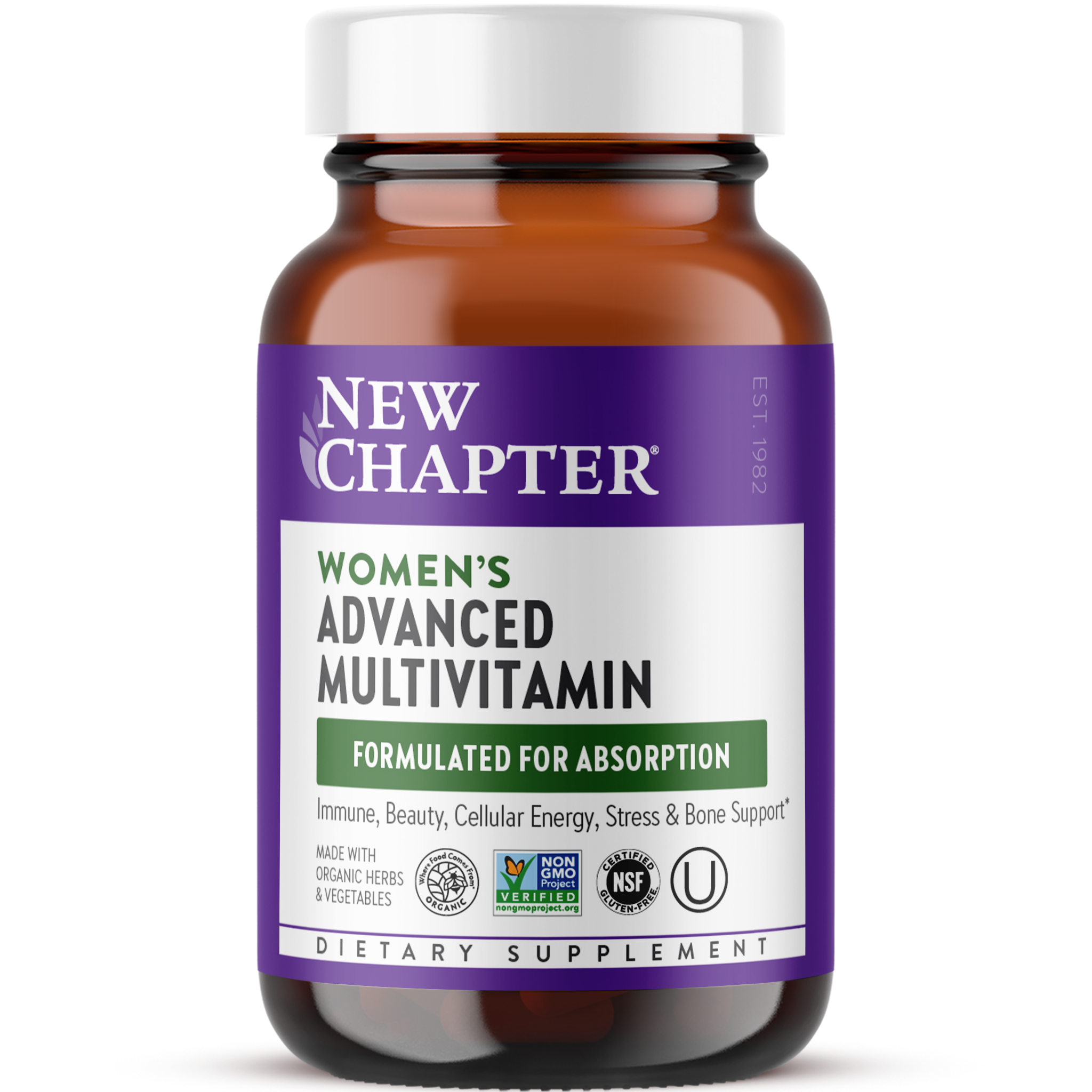 A bottle of New Chapter Women's Advanced Multivitamin Dietary Immune, beauty, cellular energy, stress & bone support