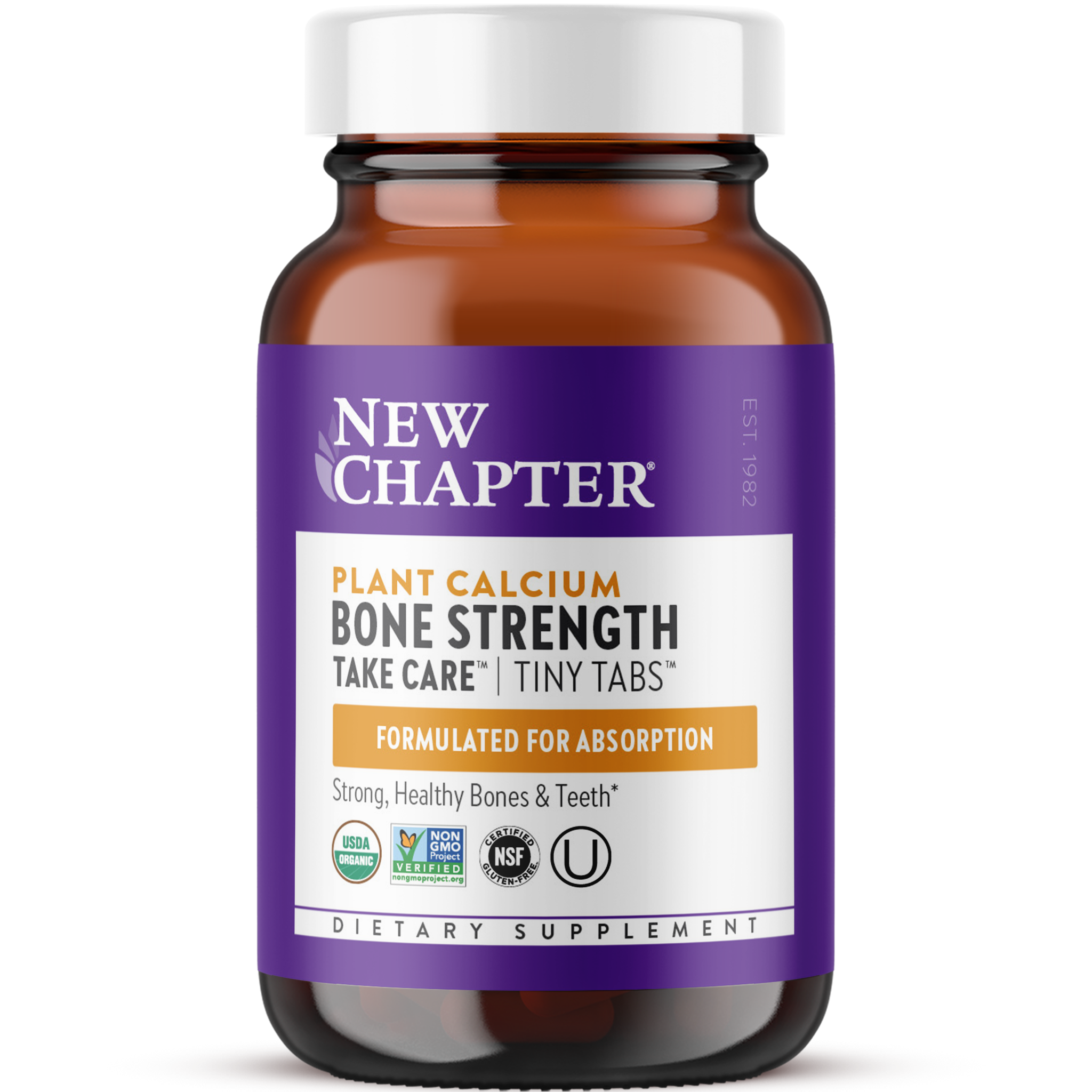 A bottle of New Chapter Plant Calcium Bone Strength Take Care Tiny Tabs dietary supplement with purple label.
