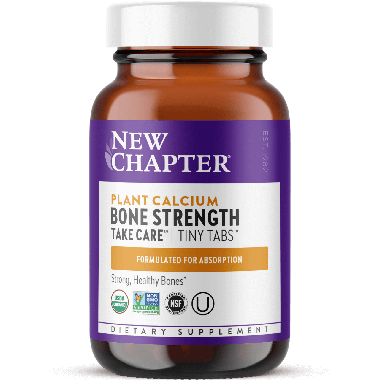 A bottle of New Chapter Plant Calcium Bone Strength Take Care Tiny Tabs dietary supplement with purple label.
