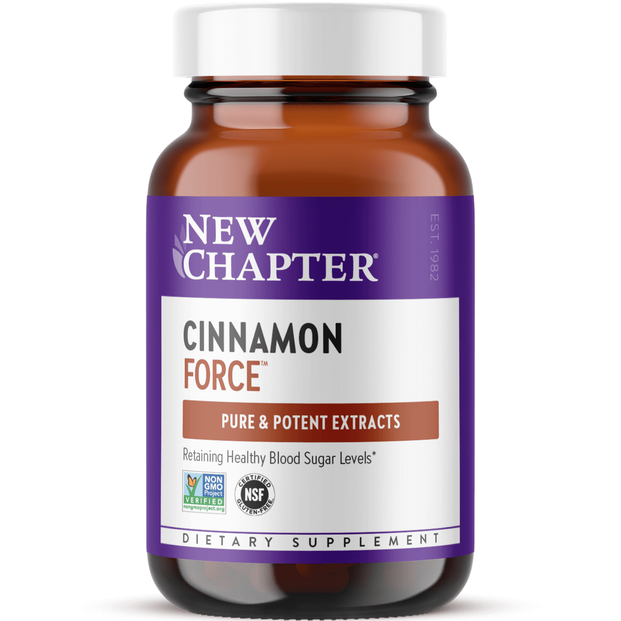 A bottle of New Chapter Cinnamon Force dietary supplement with a purple label, indicating it contains pure and potent extracts to support healthy blood sugar levels.