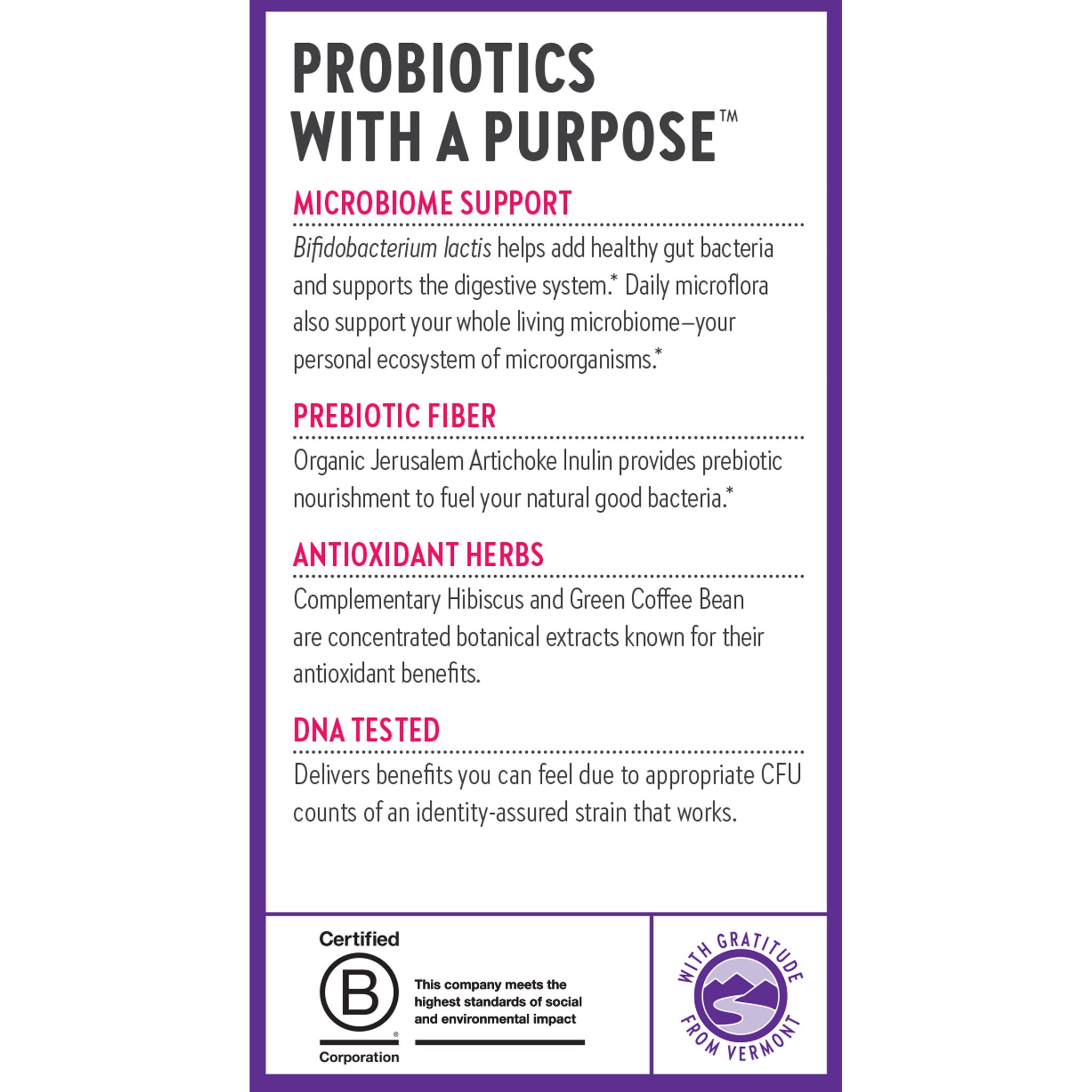 Probiotics with a purpose. Microbiome support. Prebiotic fiber. Antioxidant herbs. DNA tested