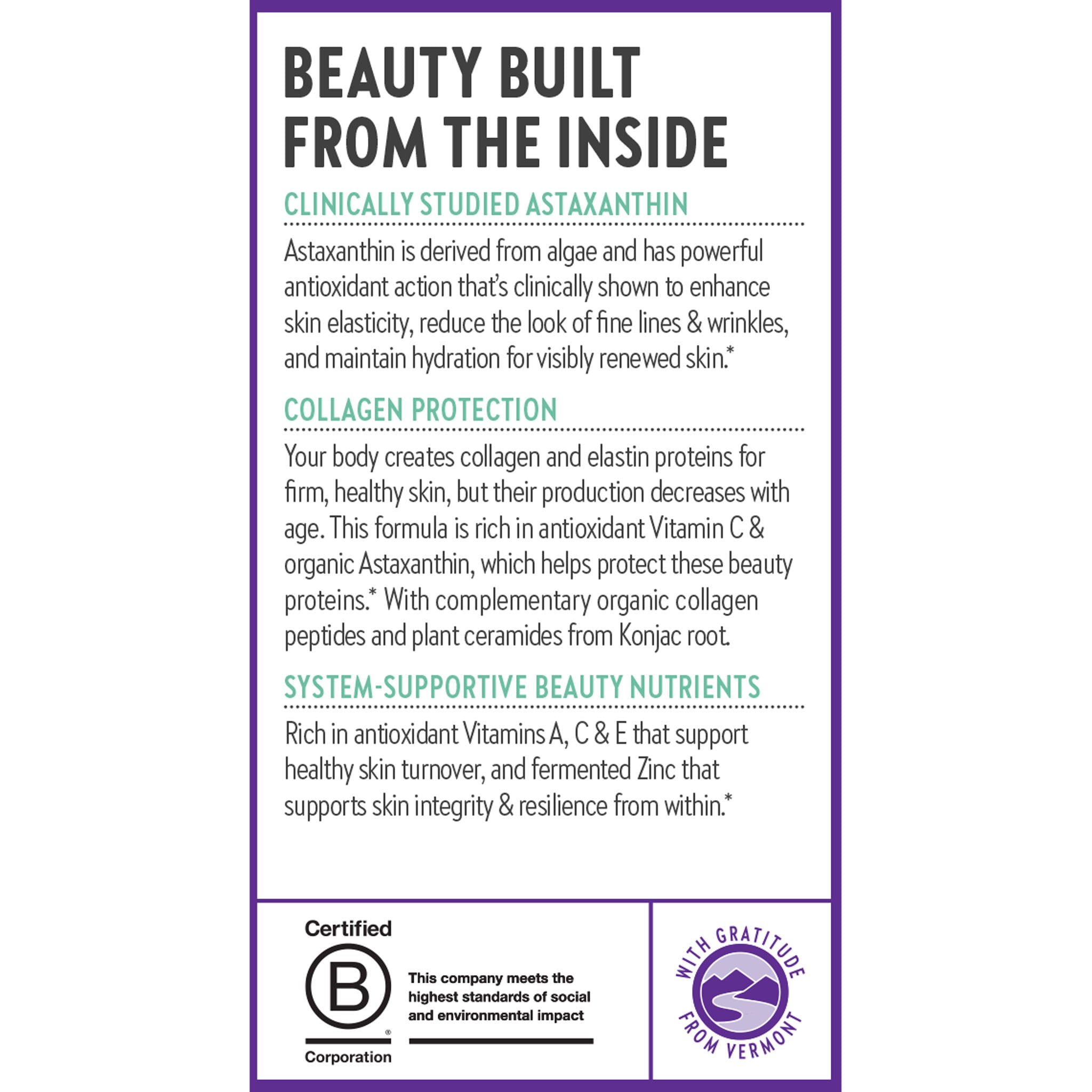 Beauty built from the inside, Clinically studied astaxanthin, Collagen protection, System-supportive beauty nutrients