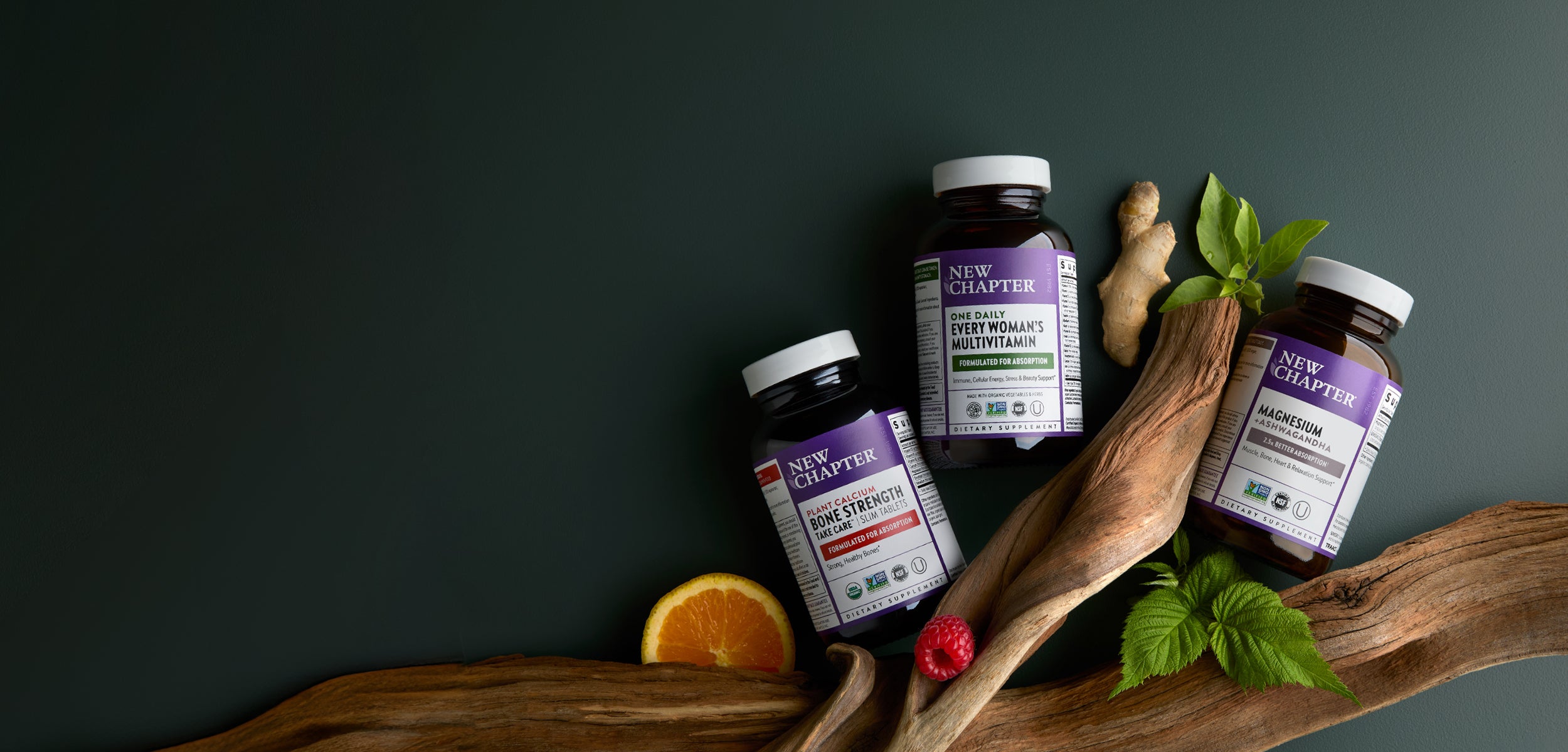 Bottles of Best Sellers New Chapter Bone Strength, Every Woman One Daily and Magnesium + Ashwagandha