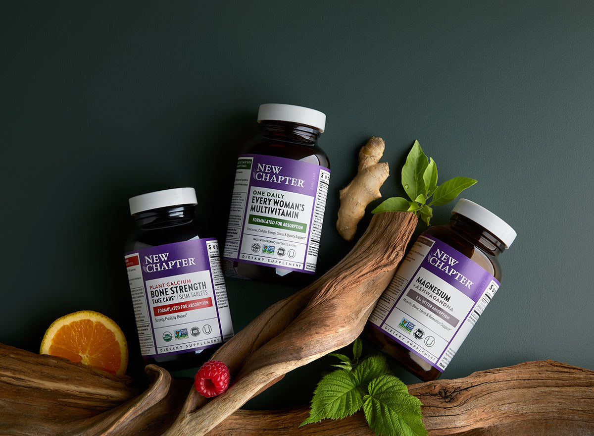 Bottles of Best Sellers New Chapter Bone Strength, Every Woman One Daily and Magnesium + Ashwagandha