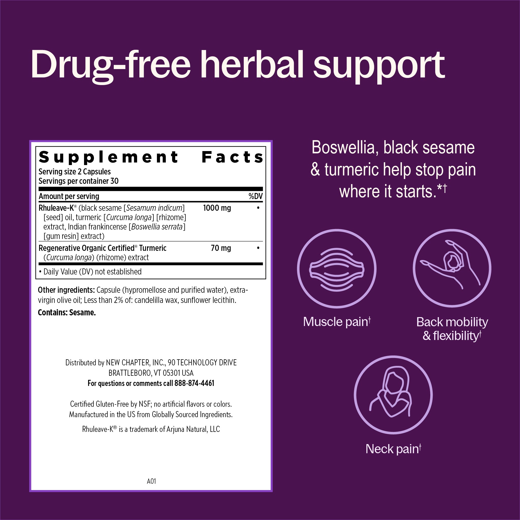 Drug -free herbal support Muscle Pain, Back mobility & flexibility, Neck Pain, Supplement Facts