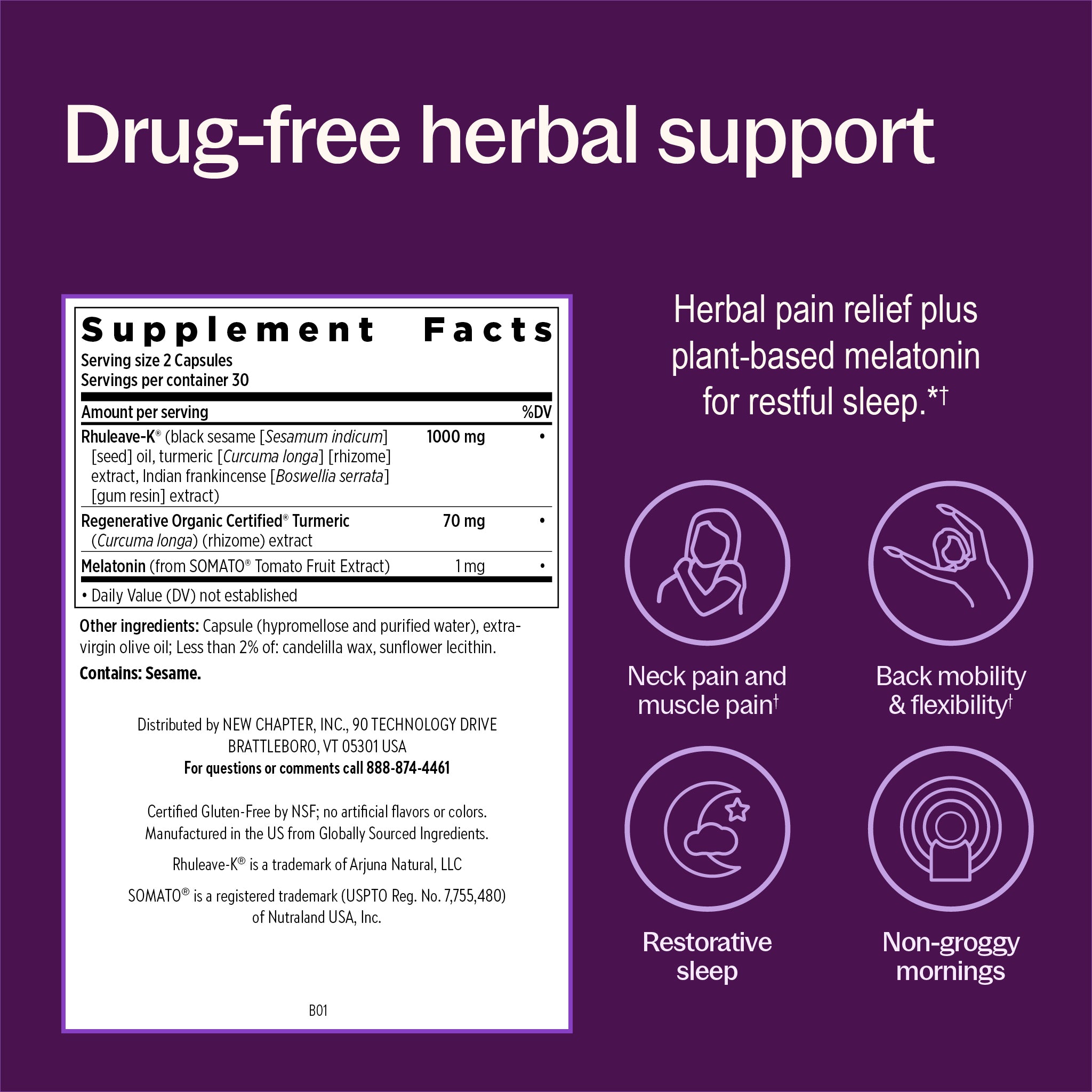 Drug-free herbal support, Neck pain and muscle pain, Back mobility & flexibility, restorative sleep, non-groggy mornings, Supplement Facts