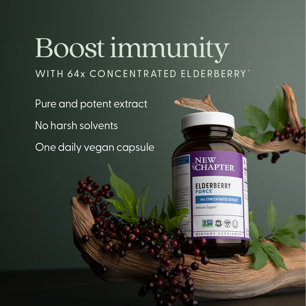 64x concentrated elderberry, pure and potent extract, no harsh solvents, one daily vegan capsule