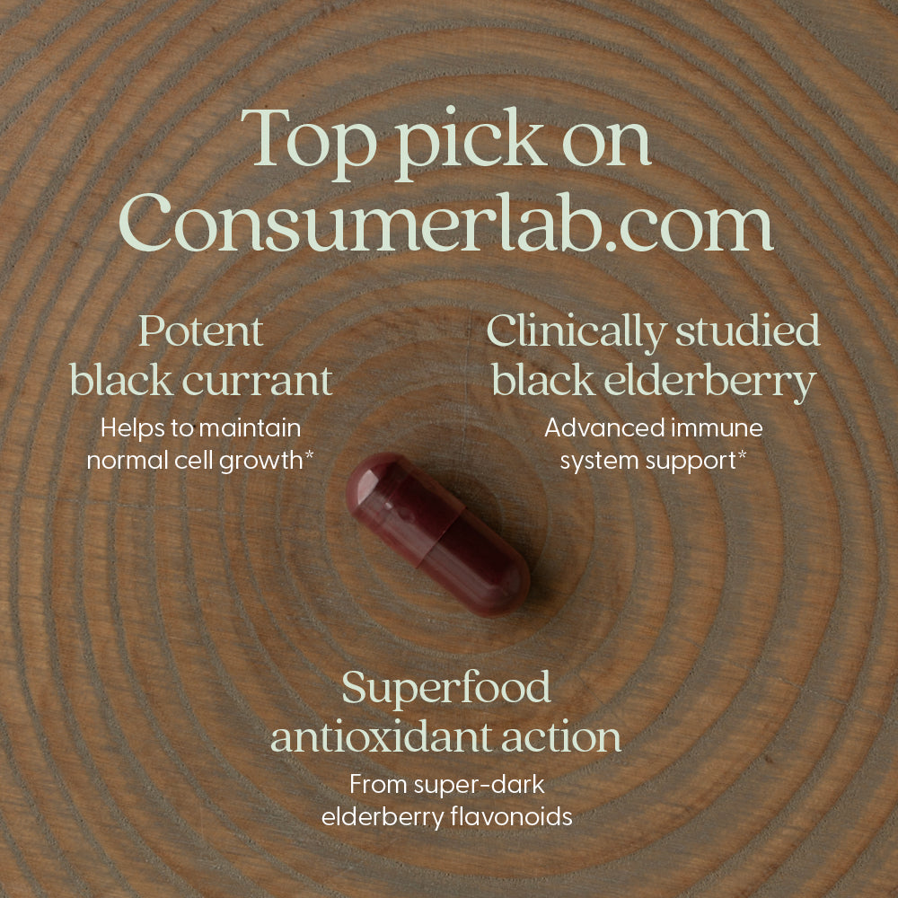 Top Pick on Consumerlab.com, potent black currant, superfood antioxidant action, clinically studied black elderberry