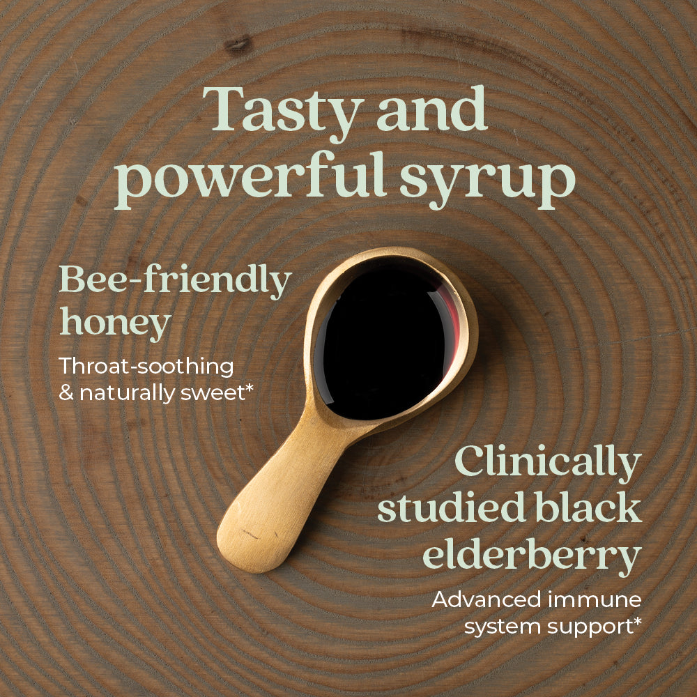 Tasty and powerful syrup. Bee-friendly honey. Throat-soothing & naturally sweet* Clinically studied black elderberry. Advanced immune system support*