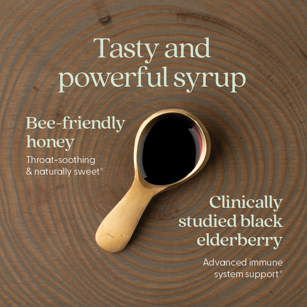 Tasty and powerful syrup. Bee-friendly honey. Throat-soothing & naturally sweet* Clinically studied black elderberry. Advanced immune system support*