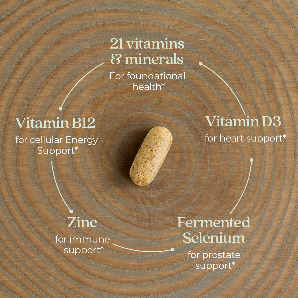 21 vitamins & minerals, Vitamin B12, Vitamin D3, Zinc, Fermented Selenium