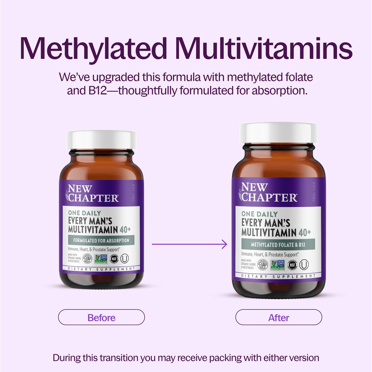 Methylated Multivitamins We've upgraded this formula with methylated folate and B12- thoughtfully formulated for absorption. During this transition you may receive packing with either version.