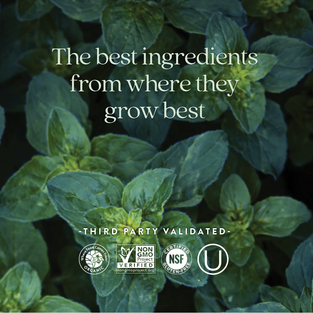 Where Food Comes From Organic Certified, Non-GMO Project Verified, NSF Certified Gluten-Free, Kosher Certified