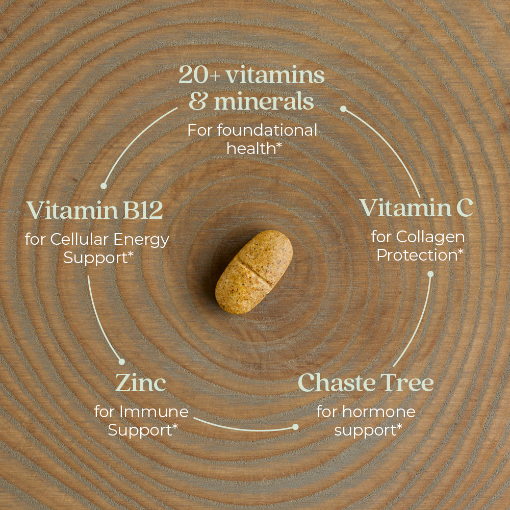 20+ vitamins & minerals, Vitamin B12, Vitamin C, Zinc, Chaste Tree