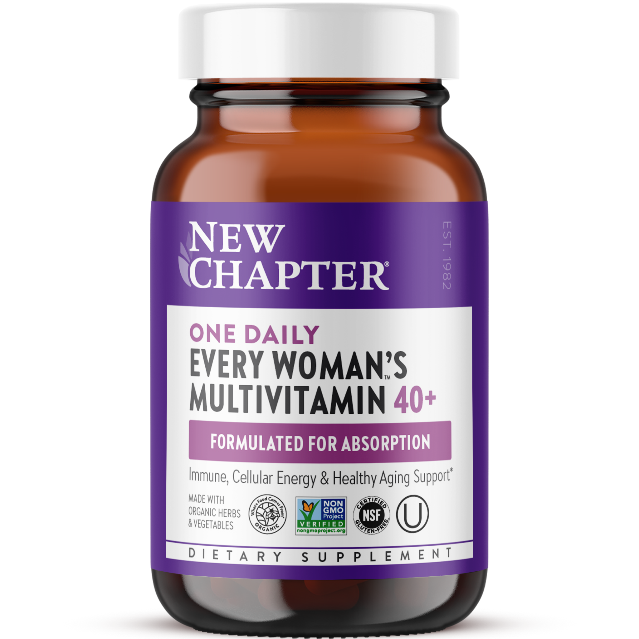 A bottle of New Chapter One Daily Every Woman's Multivitamin 40+ dietary supplement, formulated for absorption, immune, cellular energy, and healthy aging support.