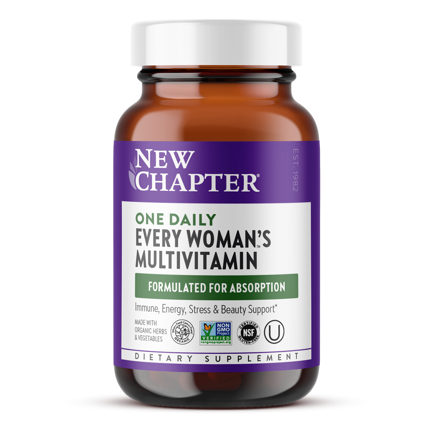 A bottle of New Chapter's Every Woman's One Daily Multivitamin supplement indicating that it's formulated for absorption and immune, energy, stress & beauty support