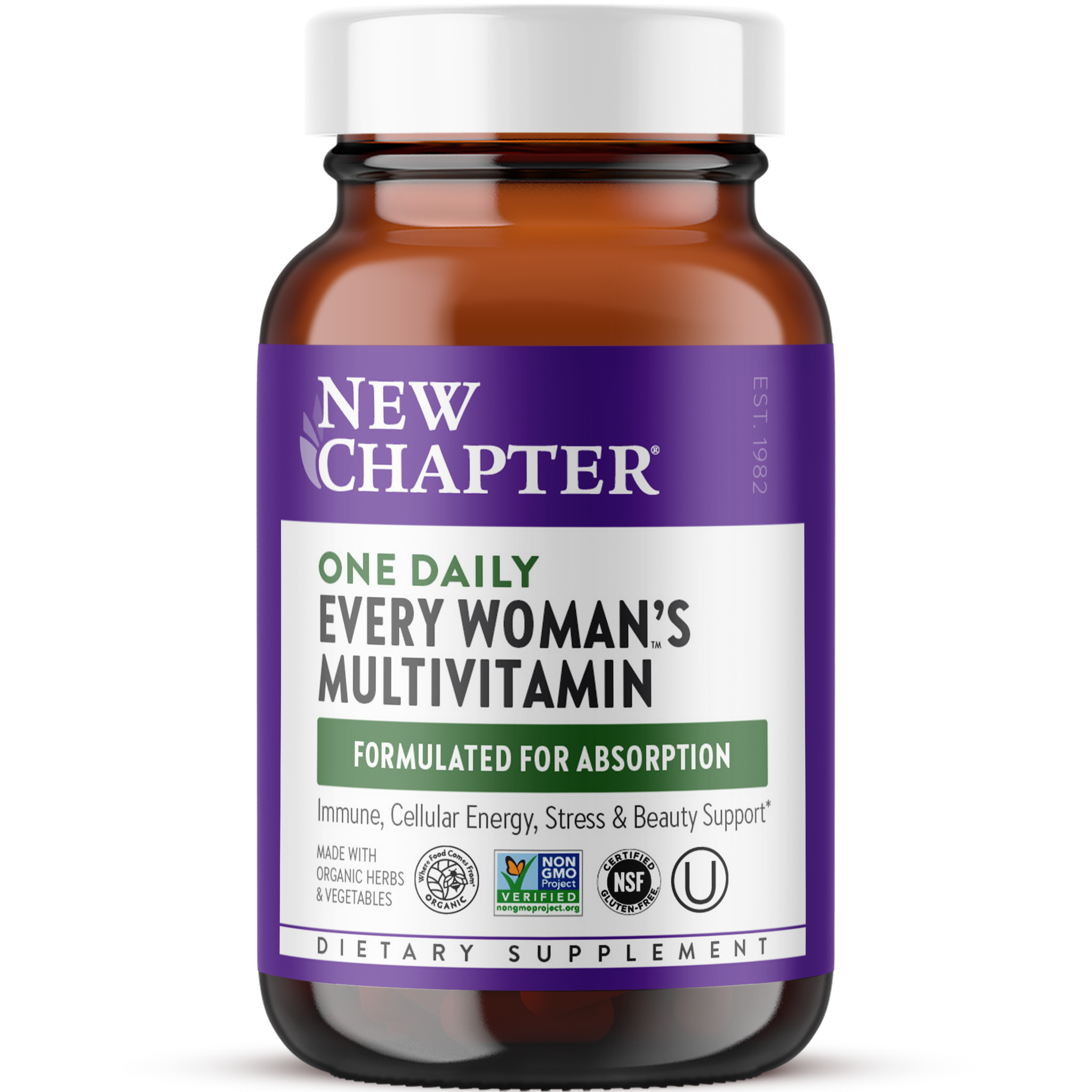 A bottle of New Chapter's Every Woman's One Daily Multivitamin supplement indicating that it's formulated for absorption and immune, energy, stress & beauty support