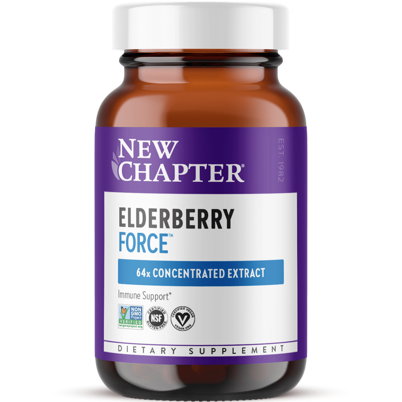 A bottle of New Chapter Elderberry Force dietary supplement with a purple label indicating it is a immune support product.