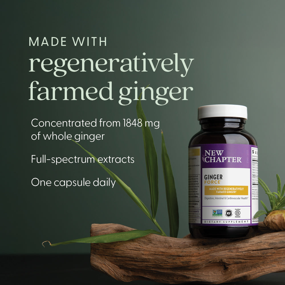 Regeneratively farmed ginger, concentrated from 1848 mg of whole ginger, full-spectrum extracts, one capsule daily
