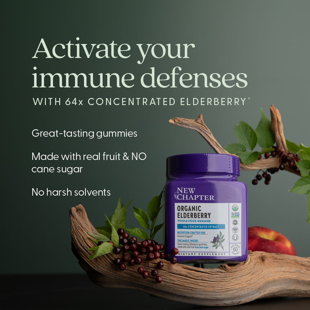 Activate your immune defenses with 64x concentrated elderberry* Great-tasting gummies. Made with real fruit & NO cane sugar. No harsh solvents