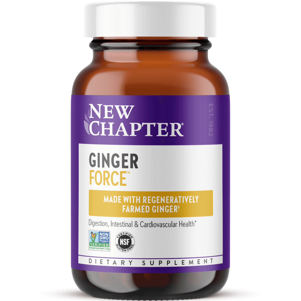 A bottle of New Chapter Ginger Force dietary supplement capsules, with a label stating it's made with regeneratively farmed ginger, supporting digestion, intestinal & cardiovascular health.