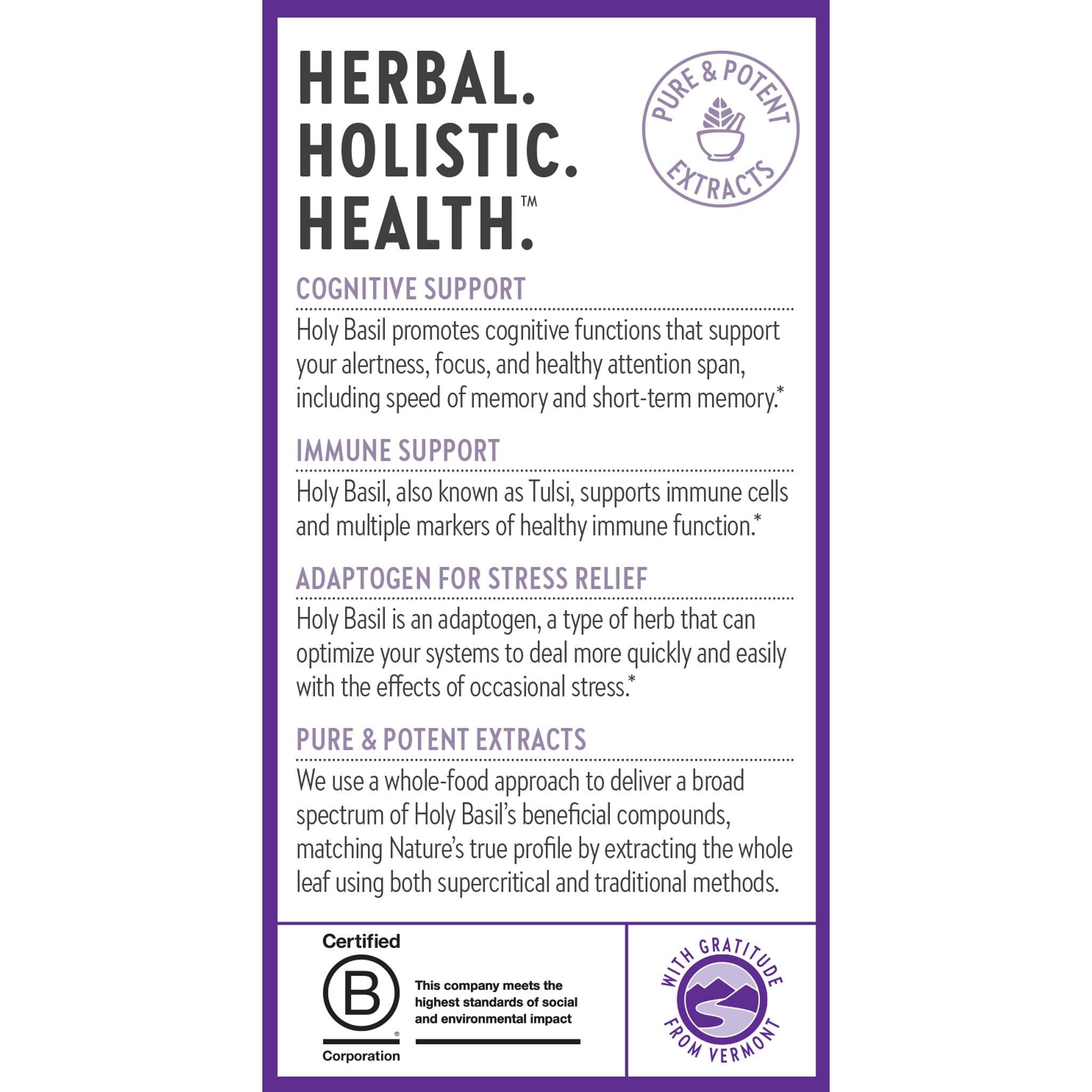 Herbal. Holistic. Health. Cognitive Support, Immune Support, Adaptogen for Stress Relief, Pure & Potent Extracts