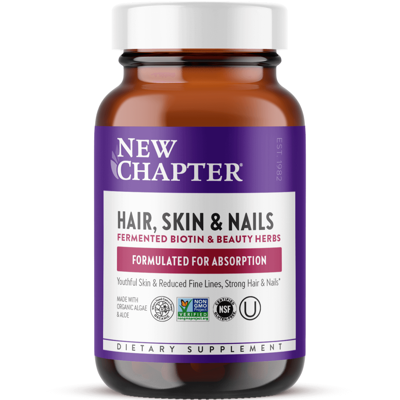 Hair, Skin & Nails supplement bottle, with Fermented Biotin
