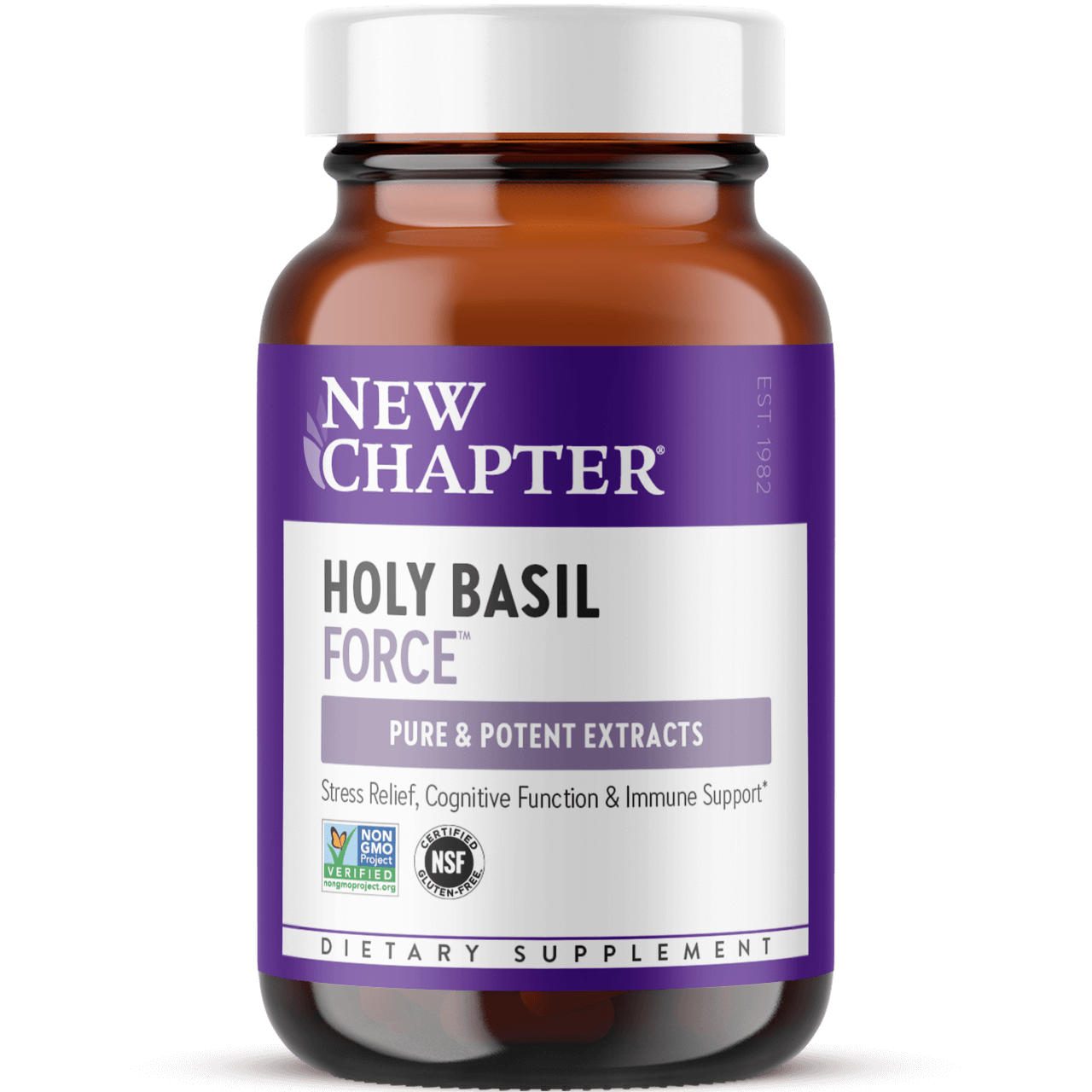 A bottle of New Chapter Holy Basil Force dietary supplement with a purple label, indicating it supports immune system, cognitive function, and stress relief.