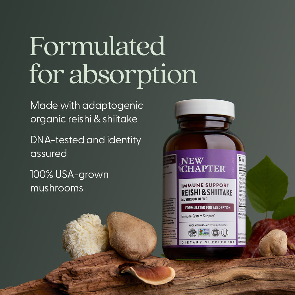 Made with adaptogenic organic reishi & shiitake, DNA-tested and identity assured, 100% USA-grown mushrooms