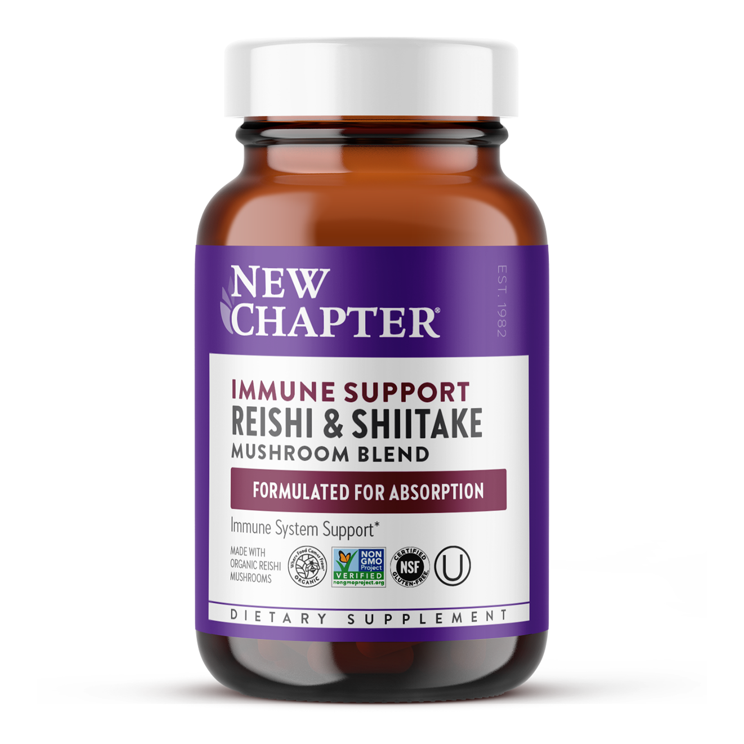 A bottle of New Chapter Immune Support Reishi & Shiitake Mushroom Immune system support