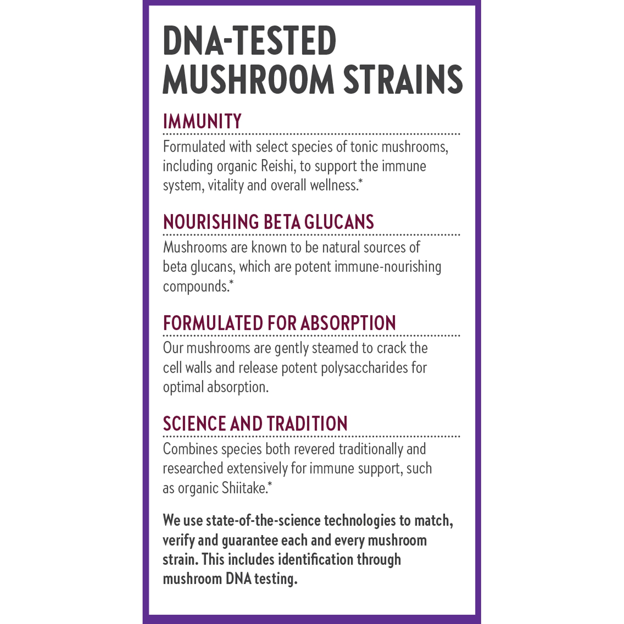 DNA-Tested Mushrooms Strains, Immunity Nourishing Beta Glucans, Formulated for Absorption, Science and Tradition
