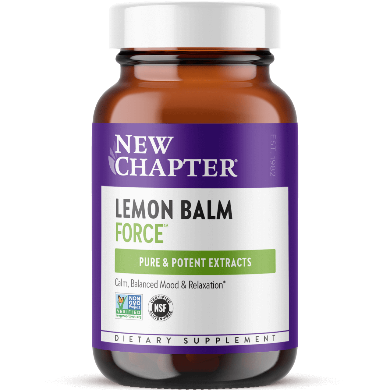 A bottle of New Chapter Lemon Balm Force dietary supplement with a purple label, indicating it contains pure and potent extracts for calm, balanced mood, and relaxation.
