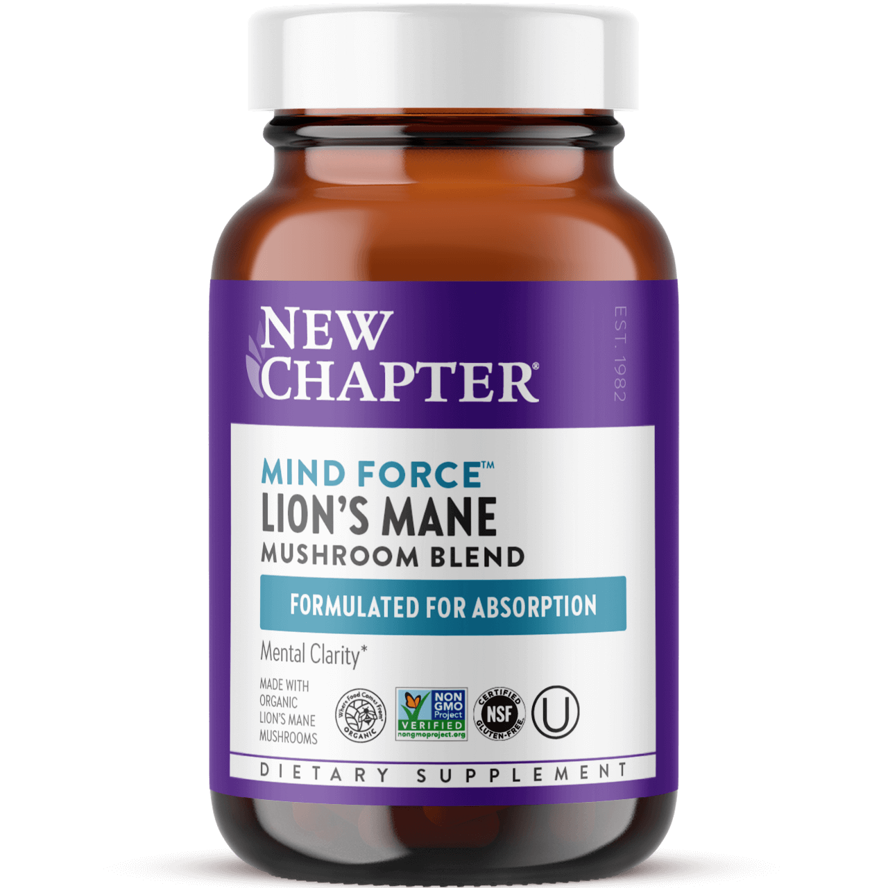 A bottle of New Chapter Mind Force Lion's Mane Mushroom Blend dietary supplement with a purple label, indicating it is formulated for absorption and supports mental clarity.
