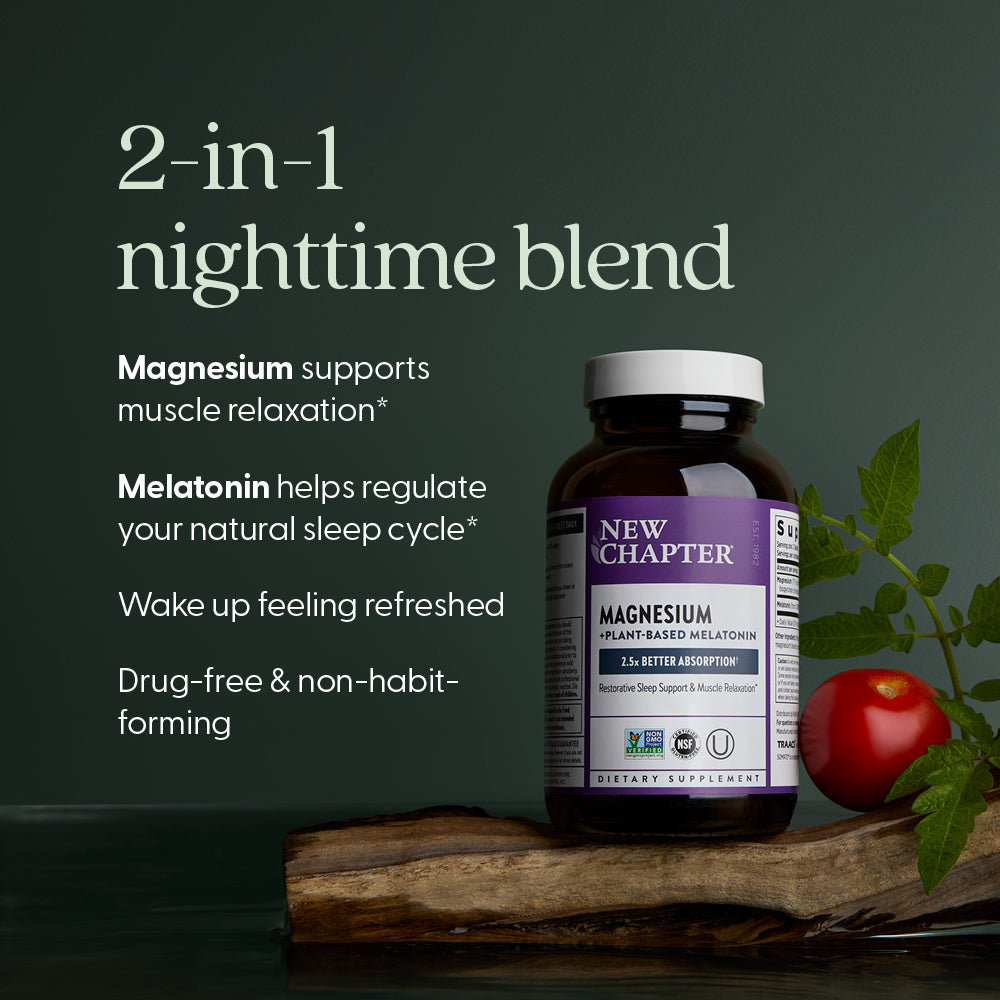 2-in-1 nighttime blend, Magnesium supports muscle relaxation, Melatonin helps regulate your natural sleep cycle, Wake up feeling refreshed, Drug-free & Non-habit-forming