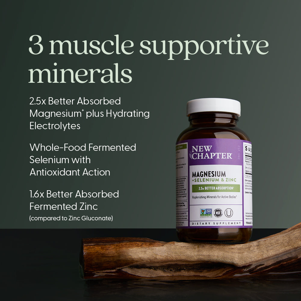 3 muscle supportive minerals. 2.5x Better Absorbed Magnesium* plus Hydrating Electrolytes. Whole-Food Fermented Selenium with Antioxidant Action. 1.6x Better Absorbed Fermented Zinc (compared to Zinc Gluconate)