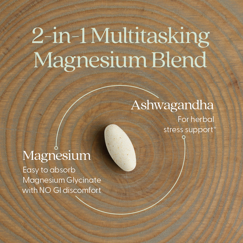 2-in-1 Multitasking Magnesium Blend. Magnesium Easy to absorb Magnesium Glycinate with NO GI discomfort. Ashwagandha For herbal stress support*
