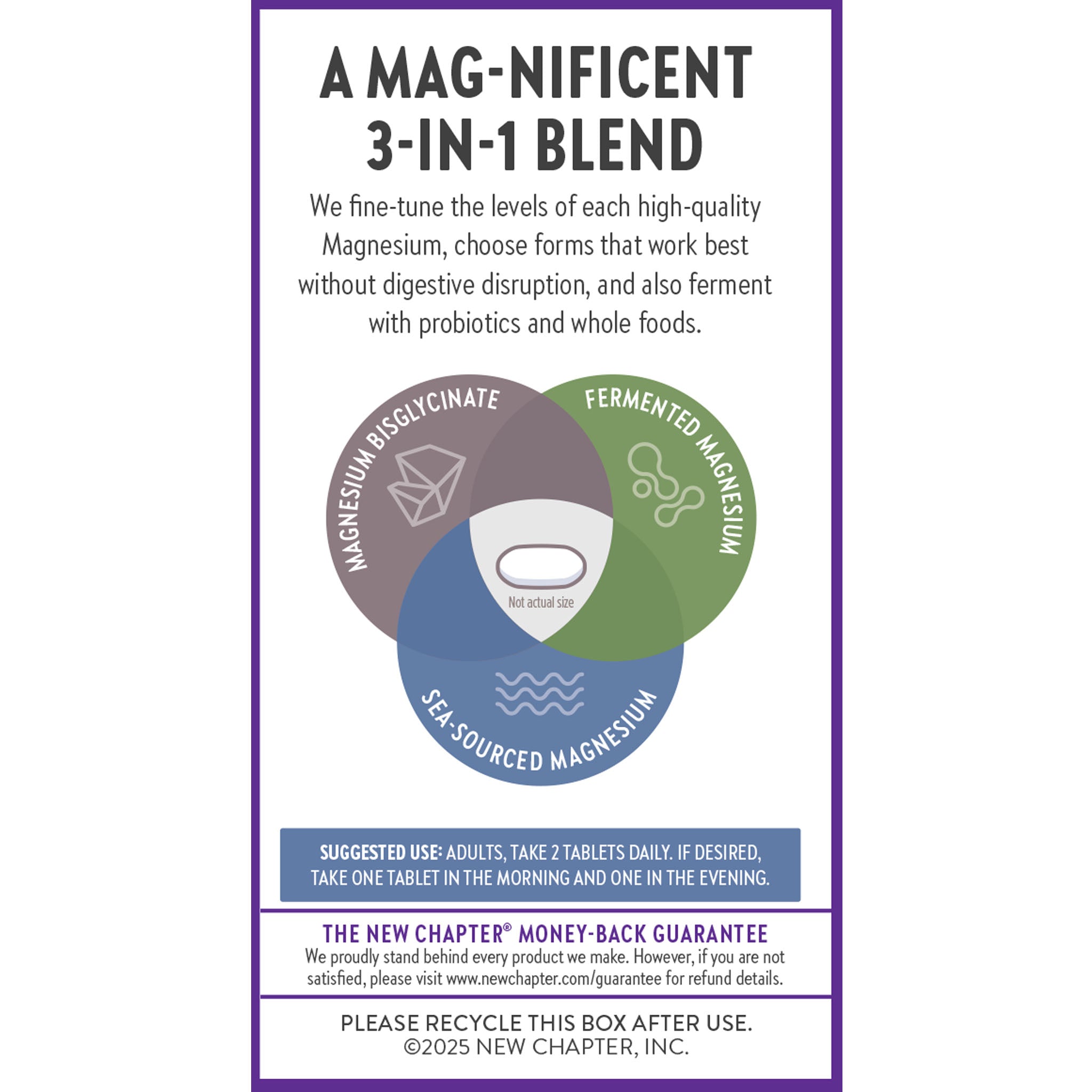 A Mag-Nificent 3-In- Blend. We fine-tune the levels of each high-quality Magnesium, choose forms that work best without digestive disruption, and also ferment with probiotics and whole foods.