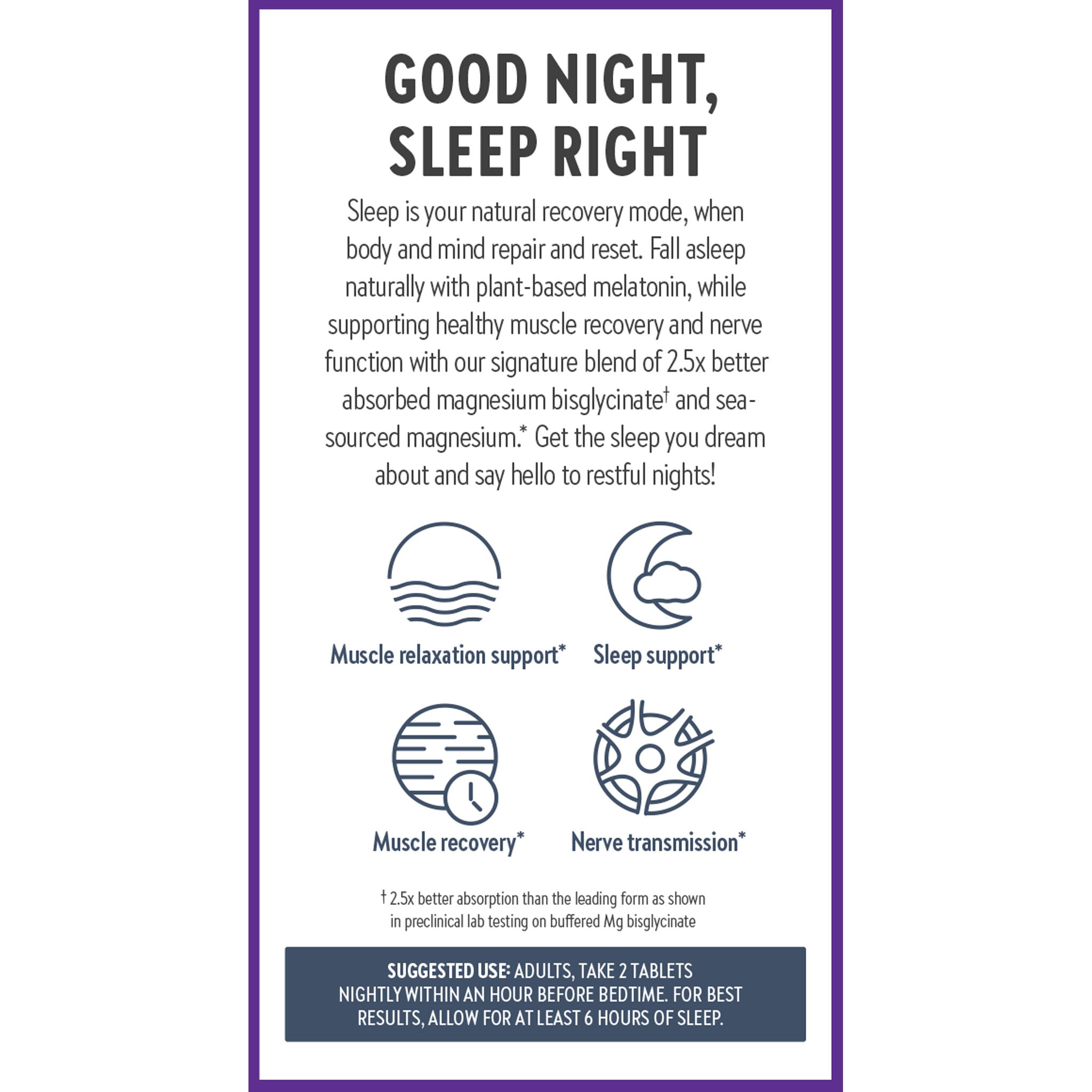 Muscle relaxation support, Sleep support, Muscle recovery, Nerve Tranmission