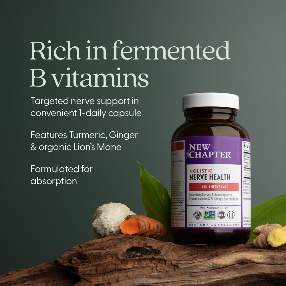 Rich in fermented B vitamins. Targeted nerve support in convenient 1-daily capsule. Features turmeric, ginger, & organic Lion's mane. Formulated for absorption
