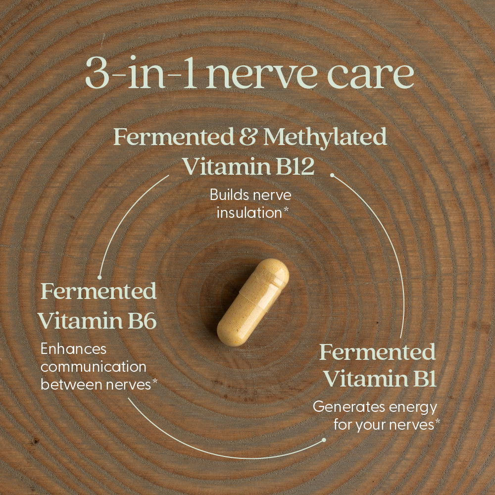 3-in-1 nerve care. Fermented & methylated vitamin B12 builds nerve insulation* Fermented Vitamin B1 generates energy for your nerves. Fermented vitamin B6 enhances communication between nerves